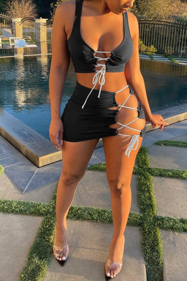 Sexy Solid Bandage Spaghetti Strap Sleeveless Two Pieces