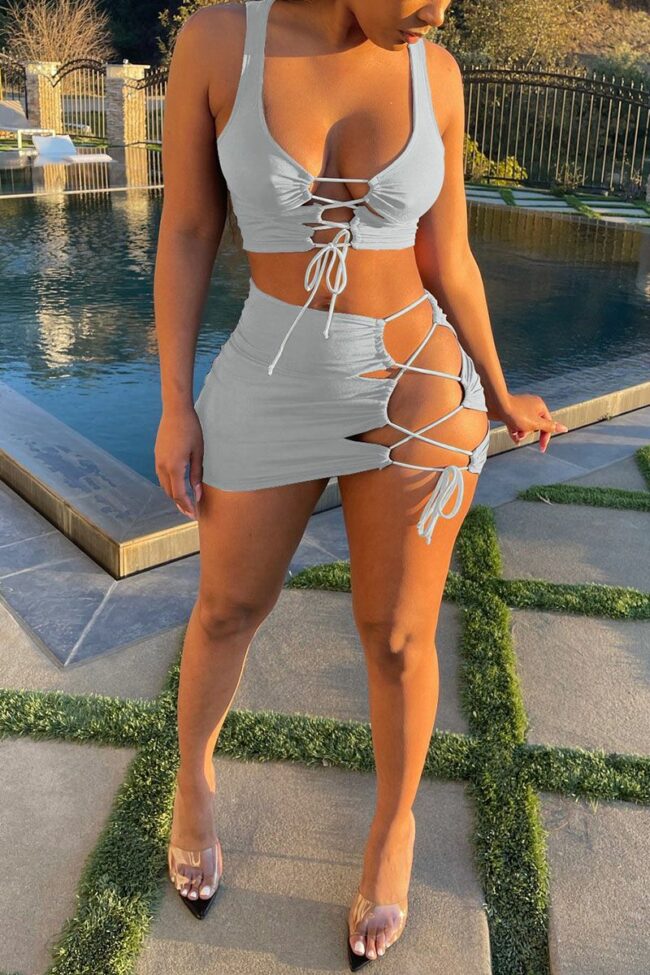 Sexy Solid Bandage Spaghetti Strap Sleeveless Two Pieces