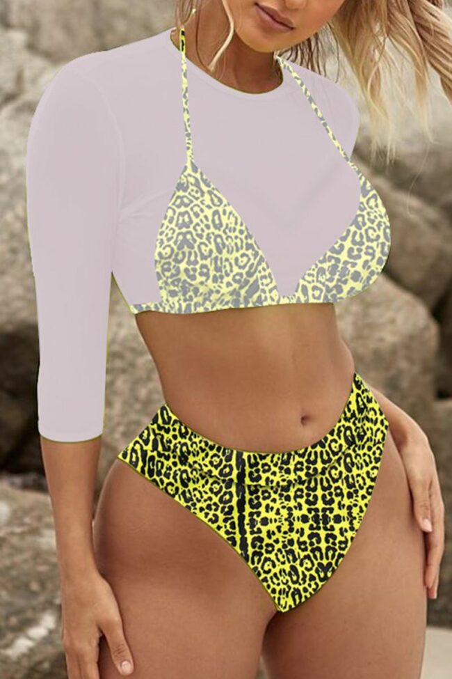 Casual Sweet Solid Leopard Mesh Printing Solid Color Swimwears 3 Piece Set