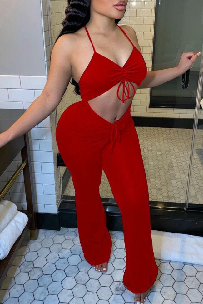 Fashion Sexy Solid Hollowed Out Backless V Neck Regular Jumpsuits