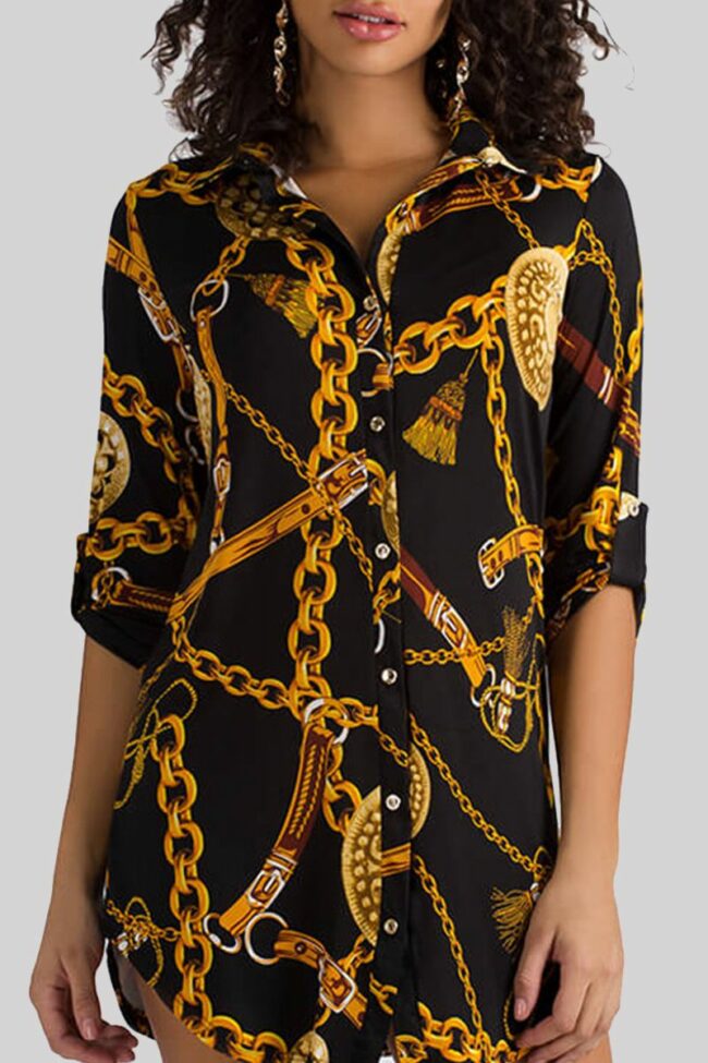 Fashion Casual Print With Belt Turndown Collar Shirt Dress