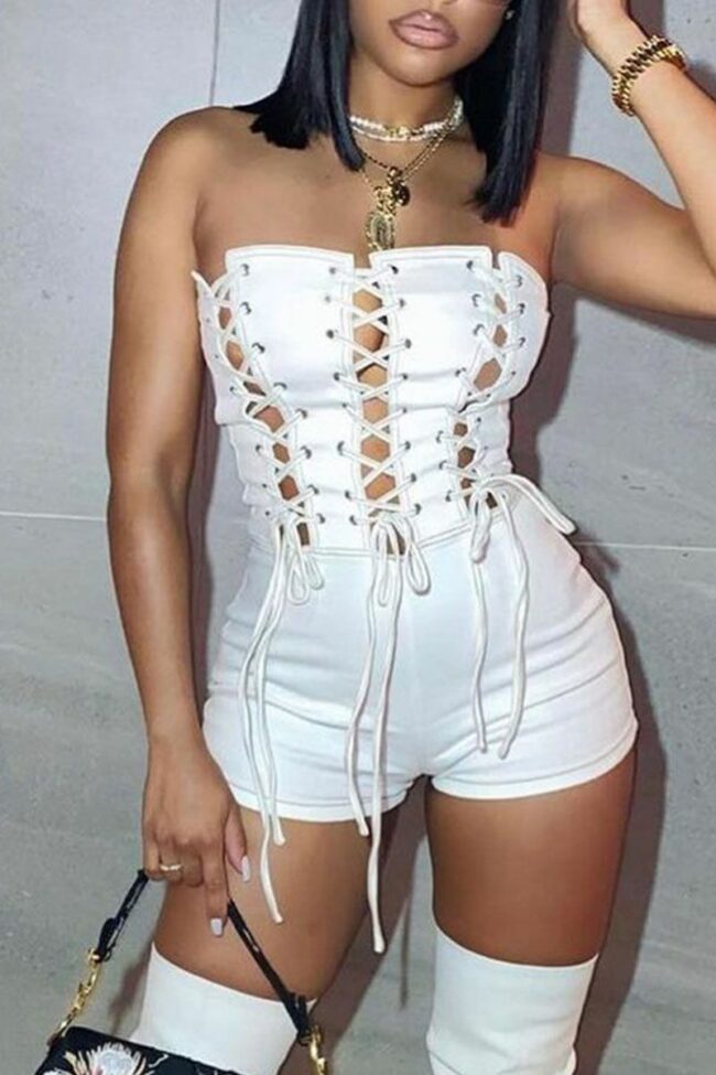 Sexy Solid Bandage Hollowed Out Split Joint Strapless Regular Jumpsuits