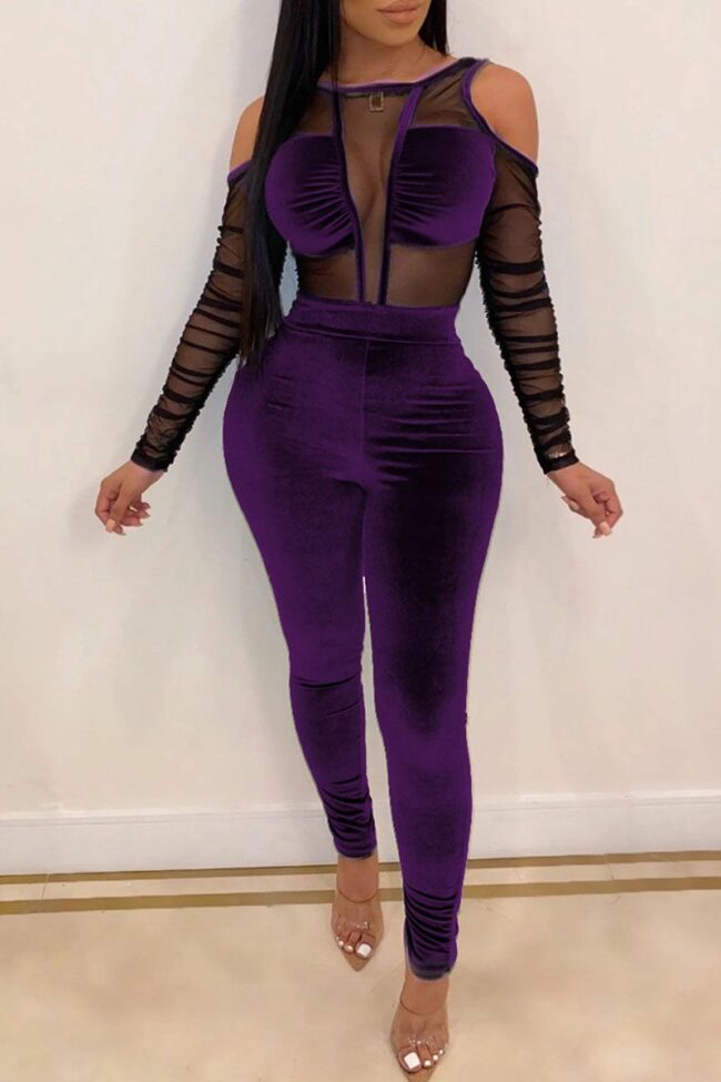 Sexy Mesh Patchwork Solid velvet Long Sleeve O Neck