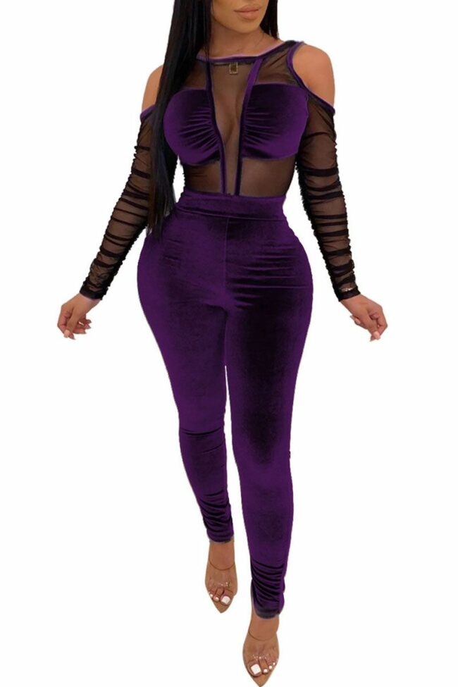 Sexy Mesh Patchwork Solid velvet Long Sleeve O Neck