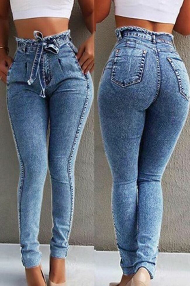 Fashion Casual Solid Basic Mid Waist Skinny Jeans