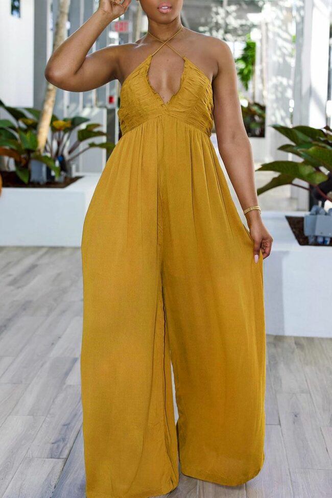Sexy Solid Split Joint Halter Straight Jumpsuits