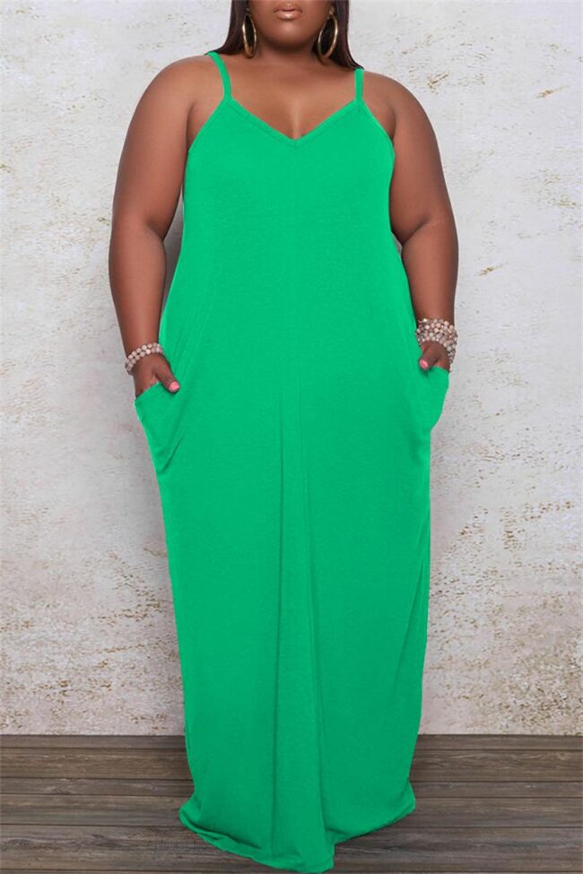 Sexy Casual Plus Size Solid Backless Spaghetti Strap Long Dress