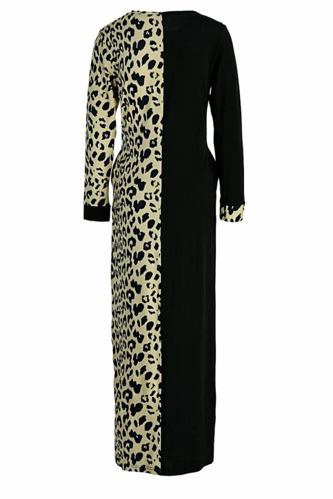 Fashion Casual Print Leopard Split Joint O Neck Long Sleeve Dress