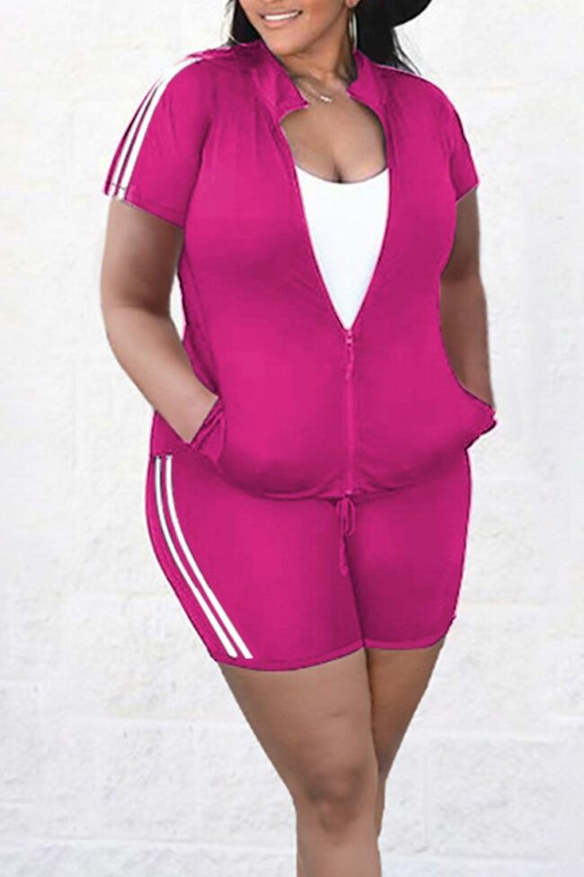Casual Solid Split Joint Zipper Plus Size Two Pieces