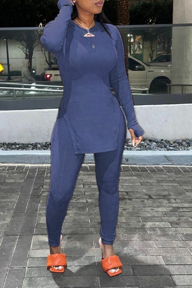 Blue Casual Solid Slit O Neck Long Sleeve Two Pieces