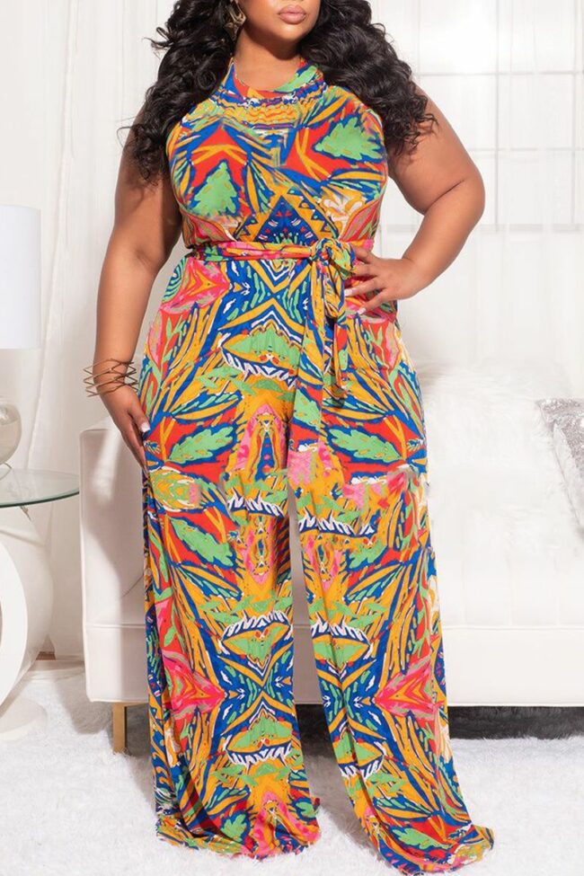 Fashion Casual Print Cosplay O Neck Plus Size Jumpsuits