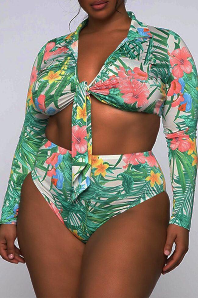 Sexy Print Embroidered Split Joint Turndown Collar Plus Size