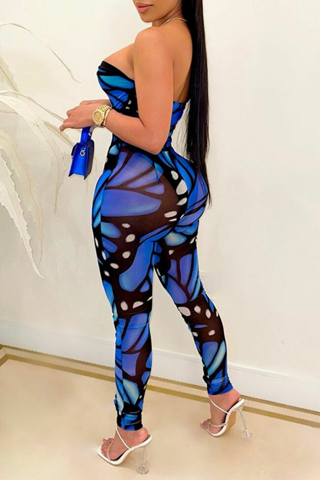 Sexy Print Split Joint Off the Shoulder Skinny Jumpsuits