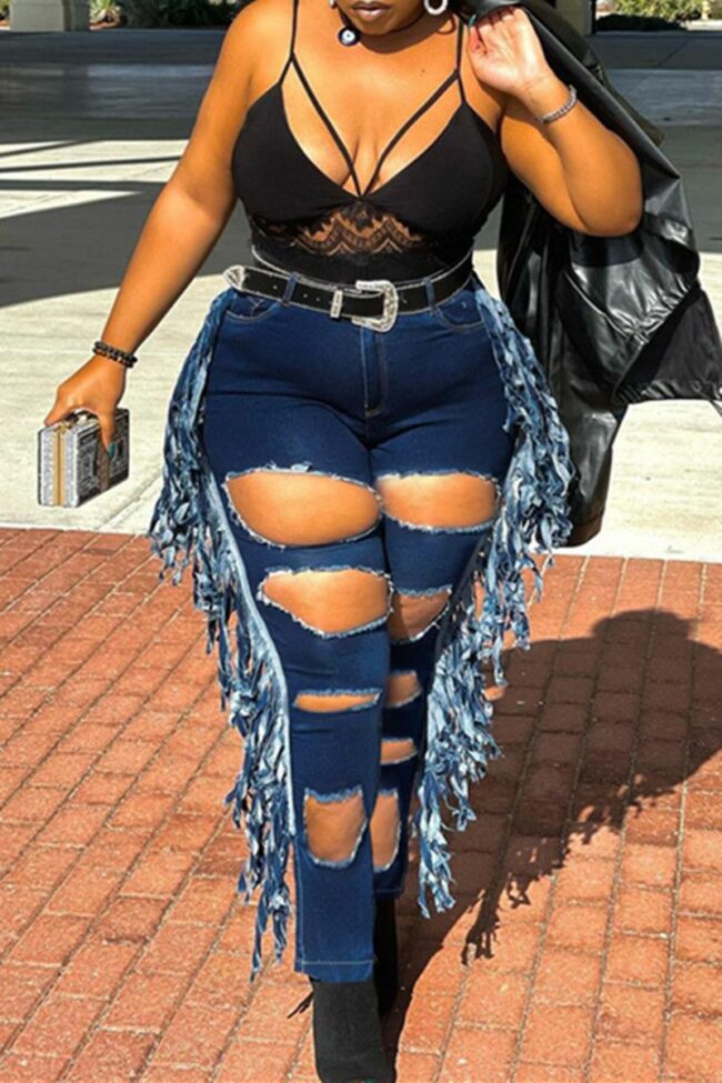 Fashion Casual Solid Tassel Ripped Plus Size Jeans (Without Belt)