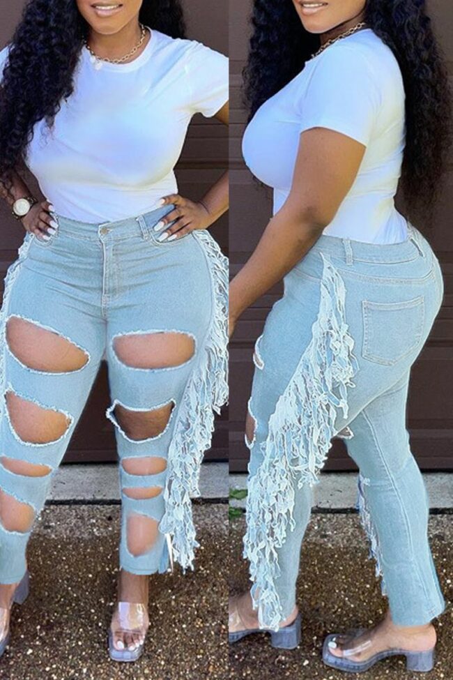 Fashion Casual Solid Tassel Ripped Plus Size Jeans (Without Belt)