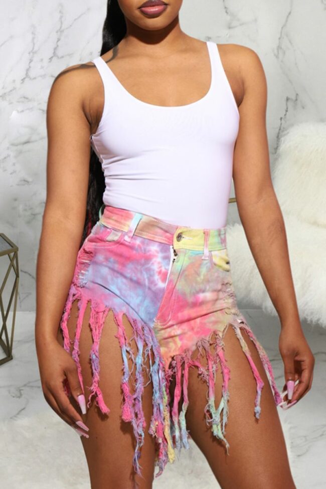 Sexy Patchwork Tassel Tie-dye High Waist Regular Denim Shorts