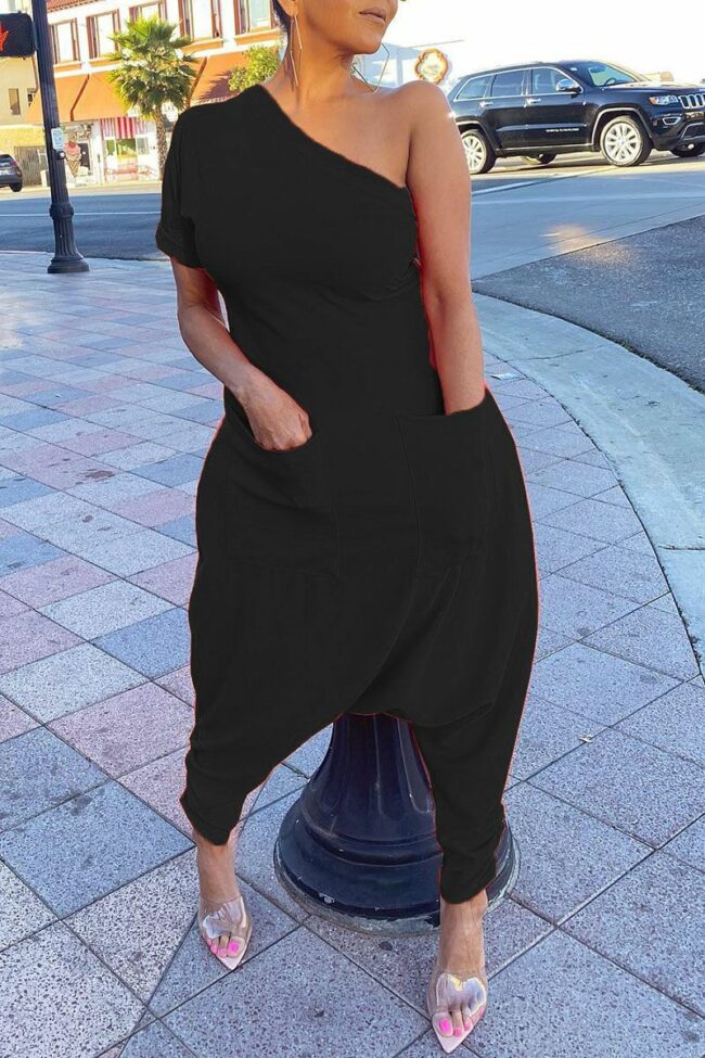 Casual Solid Split Joint Asymmetrical Oblique Collar Loose Jumpsuits