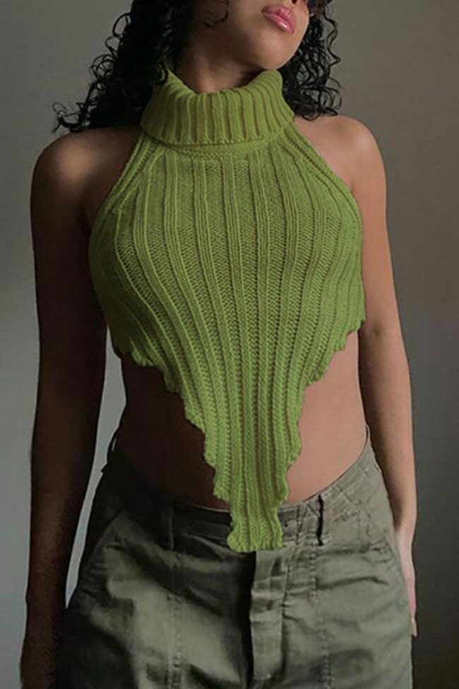 Sexy Casual Solid Backless Asymmetrical Turtleneck Tops