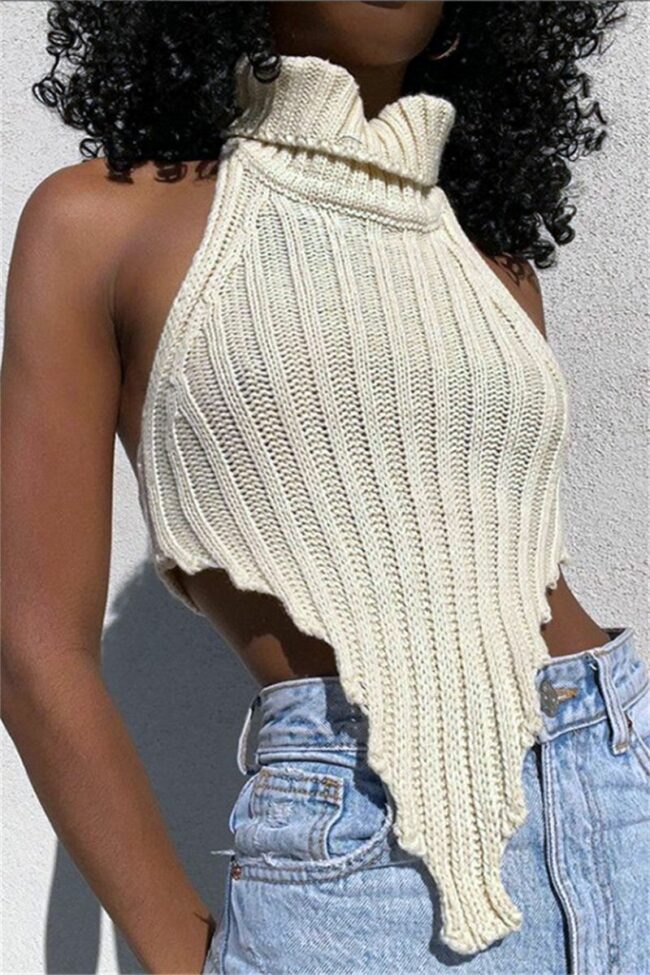 Sexy Casual Solid Backless Asymmetrical Turtleneck Tops