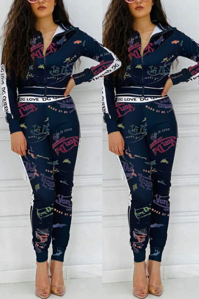Casual Print Split Joint Zipper Collar Long Sleeve Two Pieces