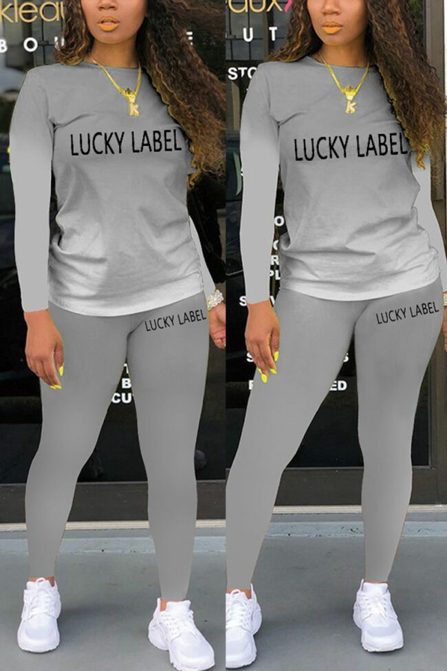 Fashion Casual Gradual Change Letter Print Letter O Neck Long Sleeve Two Pieces