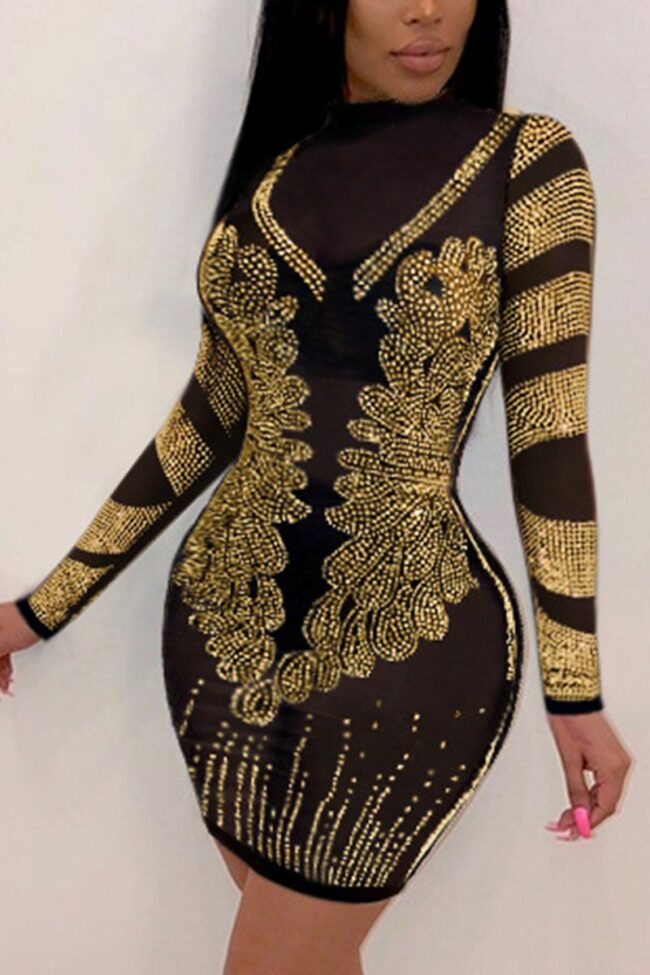 Fashion Sexy Adult Polyester Patchwork See-through Sequined O Neck Long Sleeve Knee Length Wrapped Skirt Dresses