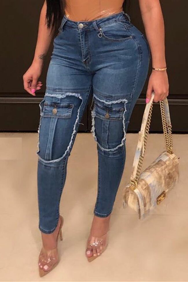 Fashion Casual Patchwork Split Joint High Waist Skinny Jeans