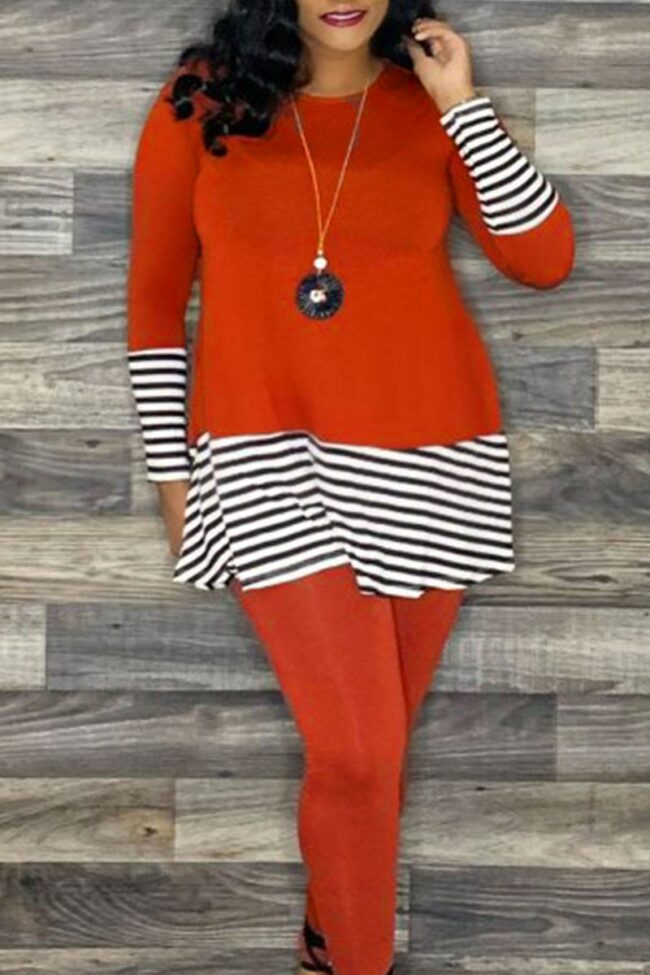 Casual Striped Split Joint O Neck Long Sleeve Two Pieces
