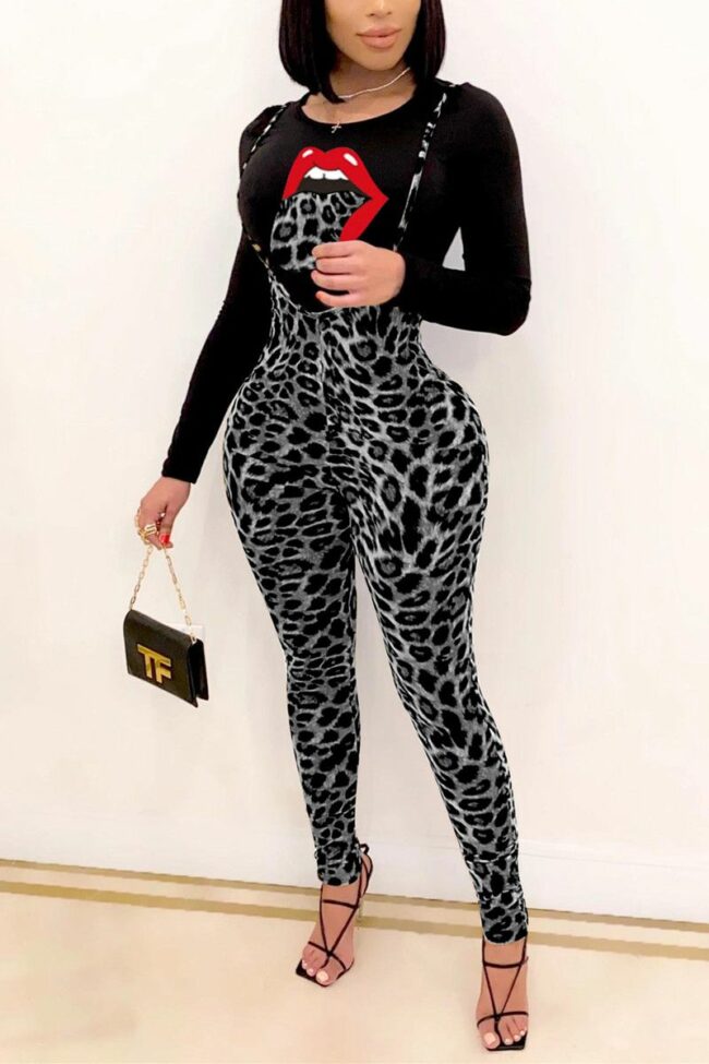 Fashion Casual Leopard Lips Printed Basic O Neck Long Sleeve Regular Sleeve Regular Two Pieces