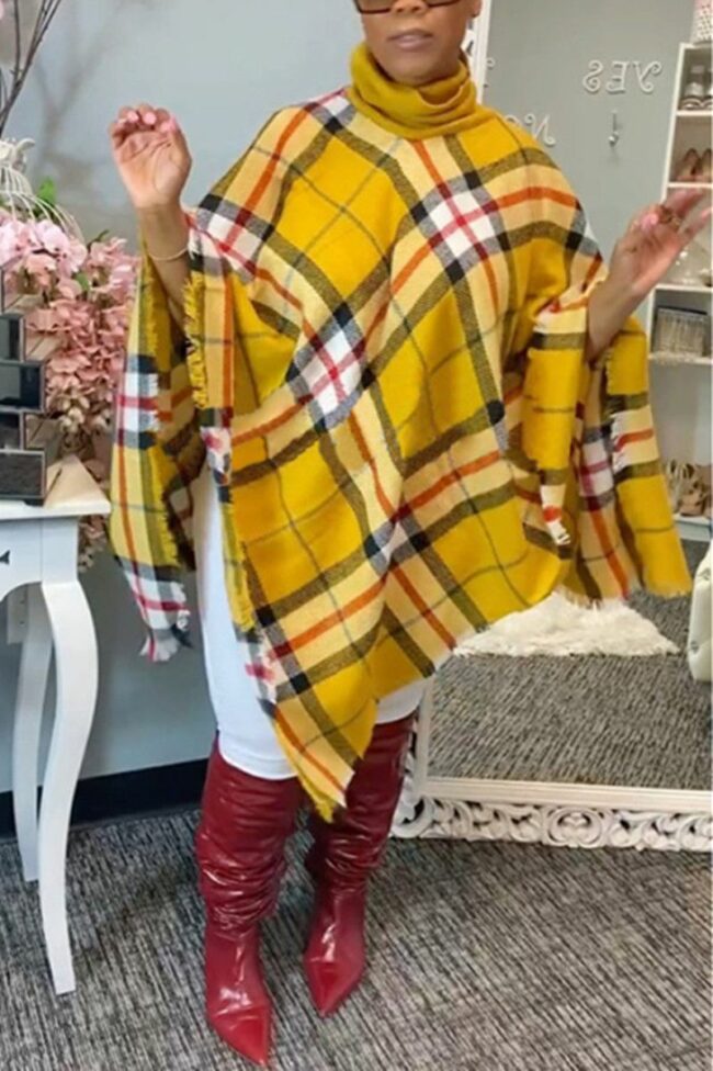 Fashion Casual Plaid Print Pullovers Turtleneck Tops