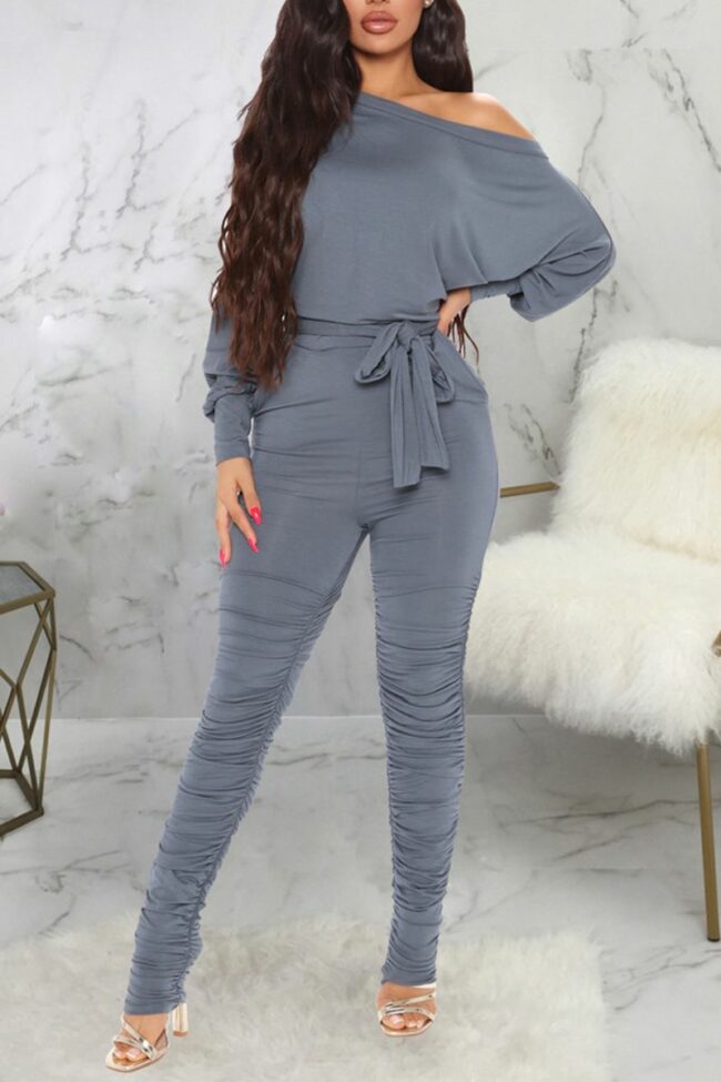 Casual Solid Fold One Shoulder Skinny Jumpsuits