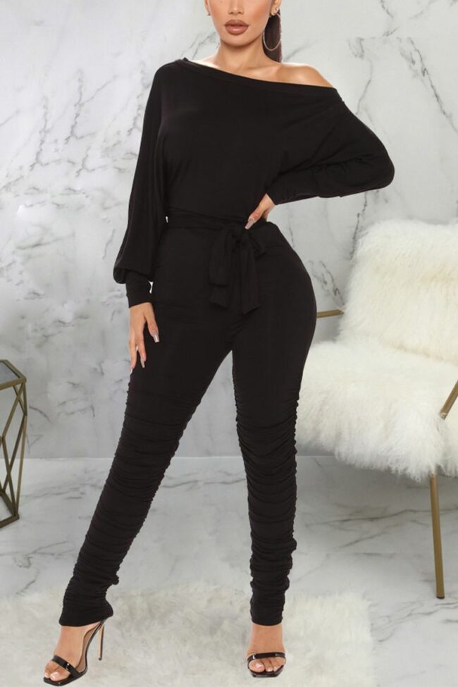 Casual Solid Fold One Shoulder Skinny Jumpsuits
