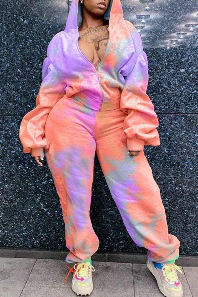 Sexy Casual Print Tie Dye Split Joint Hooded Collar Plus Size