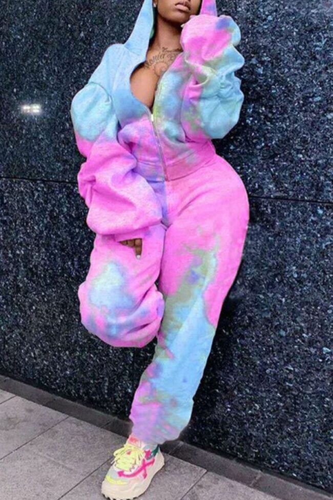 Sexy Casual Print Tie Dye Split Joint Hooded Collar Plus Size