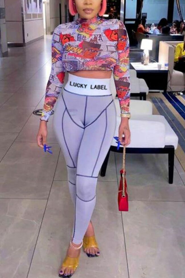 Sexy Print O Neck Long Sleeve Two Pieces