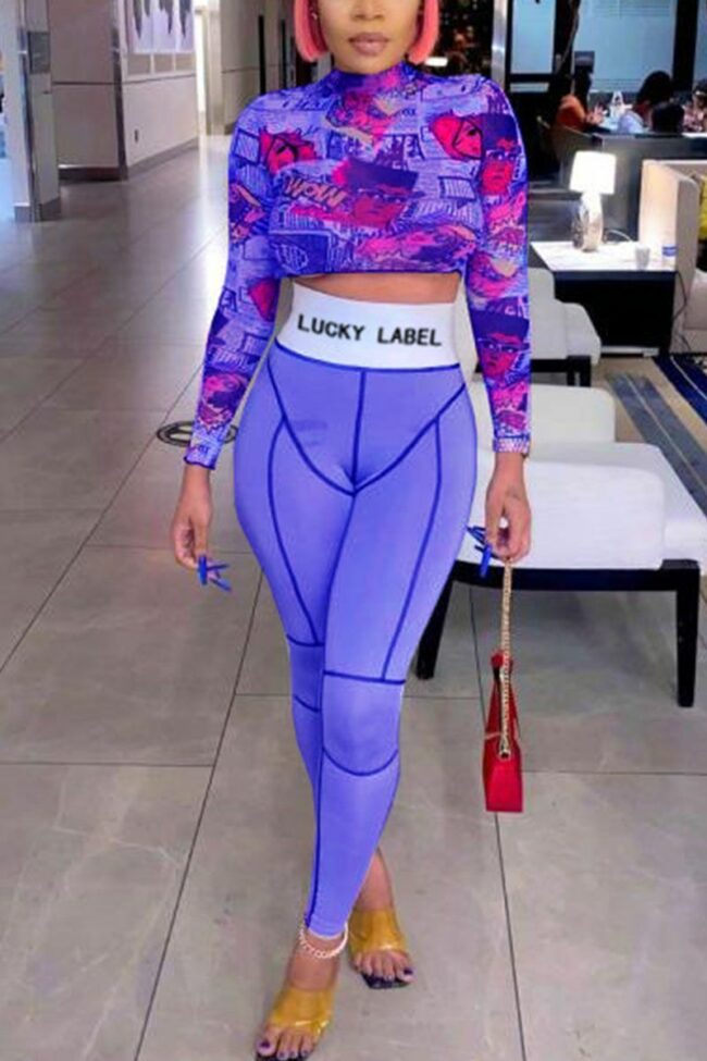 Sexy Print O Neck Long Sleeve Two Pieces