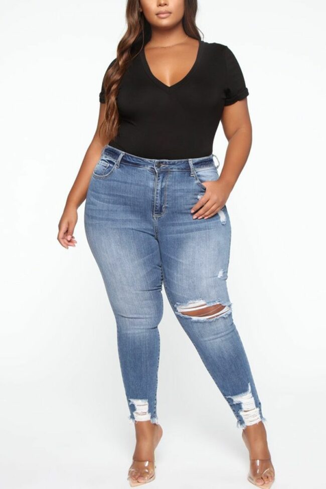 Fashion Sexy Solid Ripped Plus Size Jeans
