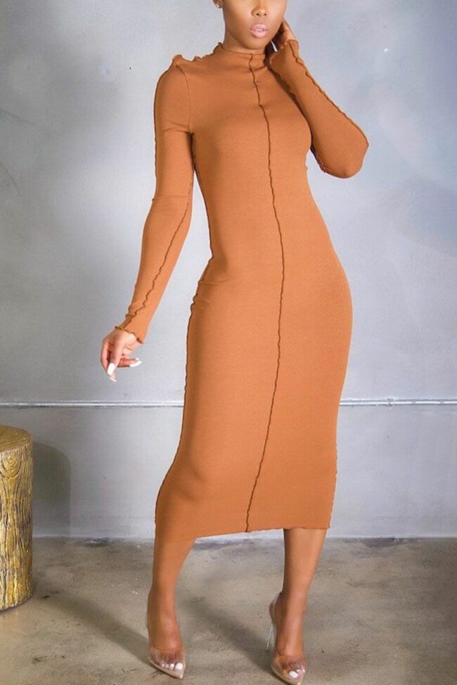Casual Solid Half A Turtleneck Wrapped Skirt Dresses