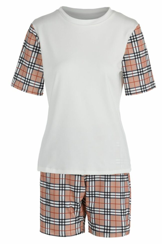 Fashion Casual Plaid Print Split Joint O Neck Short Sleeve Two Pieces