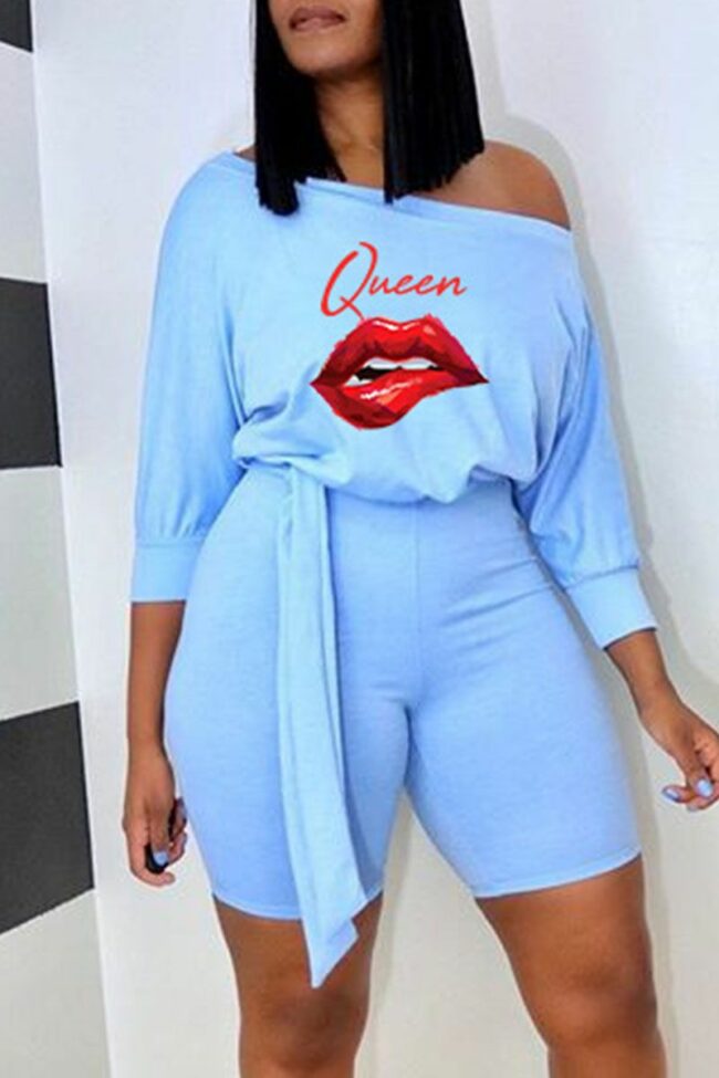 Casual Print Bandage Split Joint Off the Shoulder Straight Jumpsuits