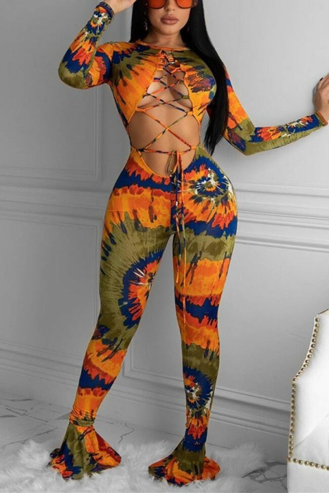 Fashion Sexy Print Hollowed Out O Neck Skinny Jumpsuits