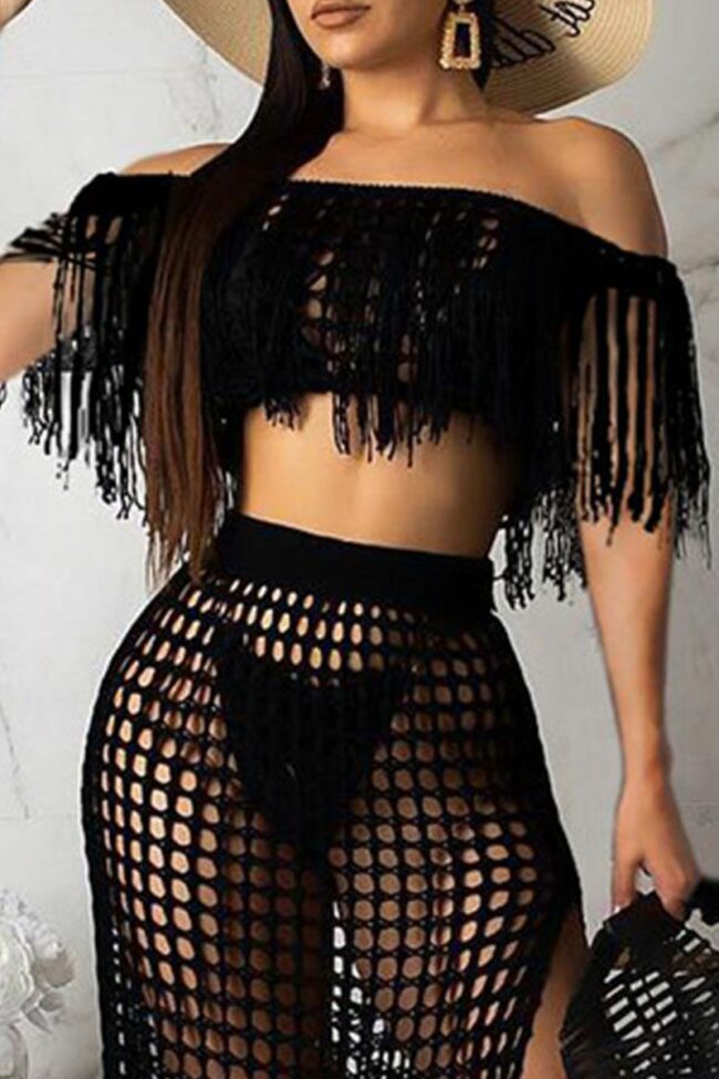Sexy Solid Tassel Hollowed Out Split Joint Off the Shoulder Half Sleeve Two Pieces