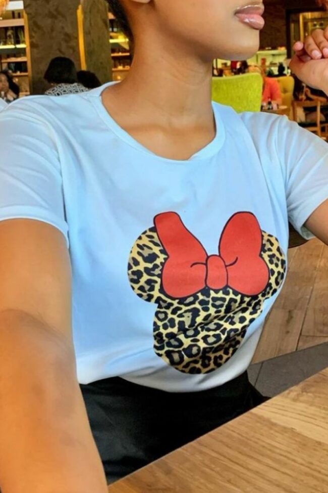 Casual Cute Print Split Joint O Neck T-Shirts