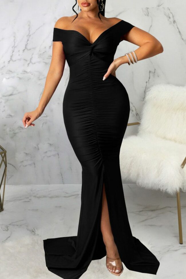 Sexy Elegant Solid Split Joint Slit Fold V Neck Straight Dresses