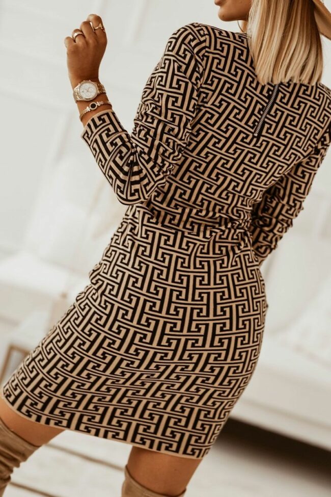 Fashion Casual Print With Belt O Neck Long Sleeve Dresses