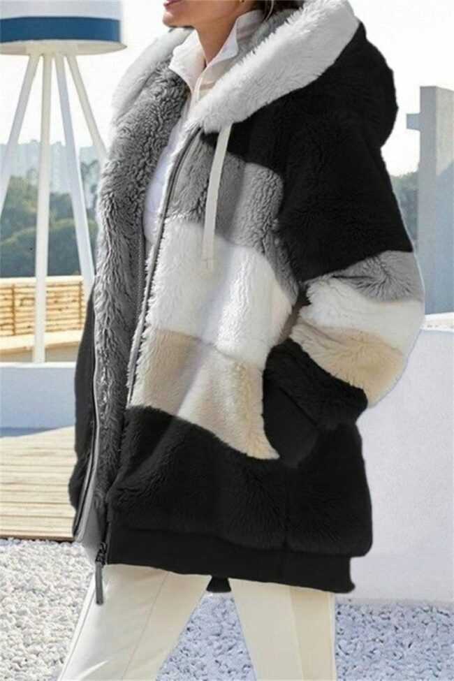 Fashion Casual Patchwork Zipper Hooded Collar Plus Size Overcoat
