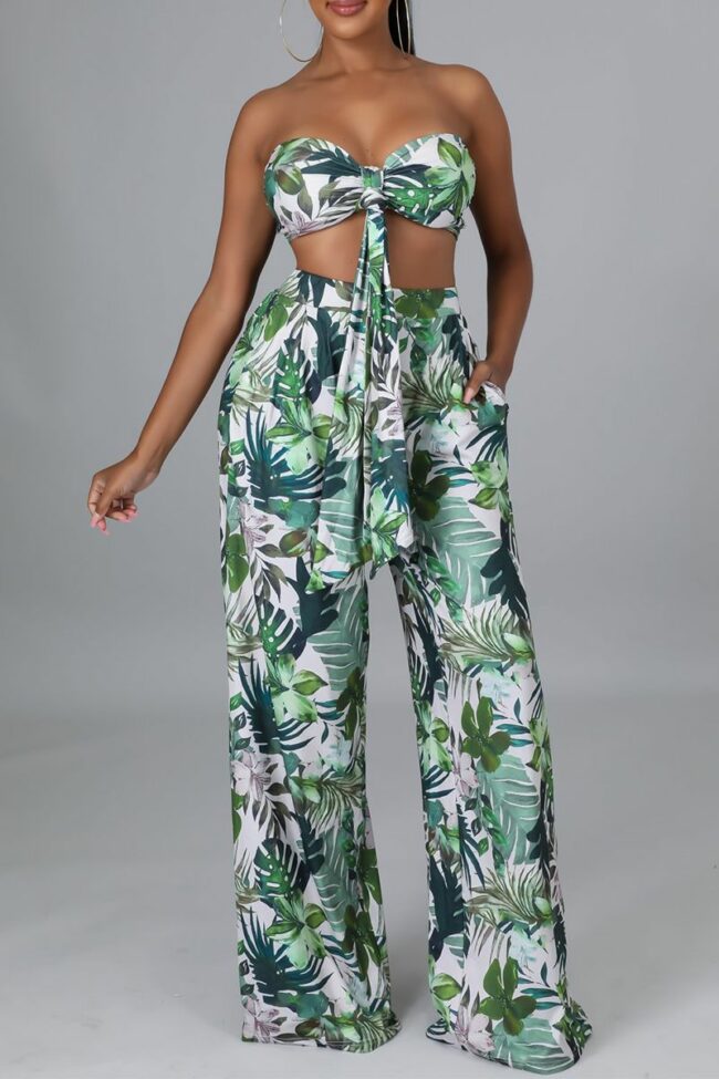 Vacation Print Bandage Strapless Sleeveless Two Pieces