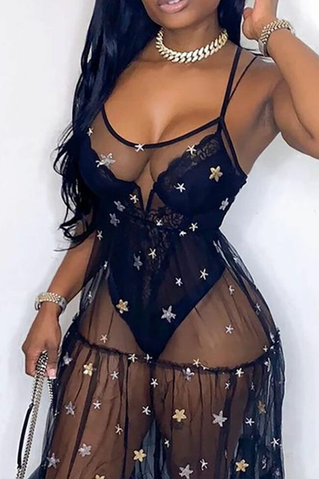 Sexy Solid Sequins Split Joint See-through Spaghetti Strap Sling Dress Dresses
