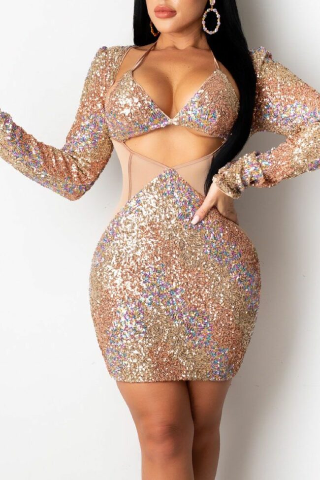 Sexy Hollowed Out Sequins Split Joint Halter One Step Skirt Dresses
