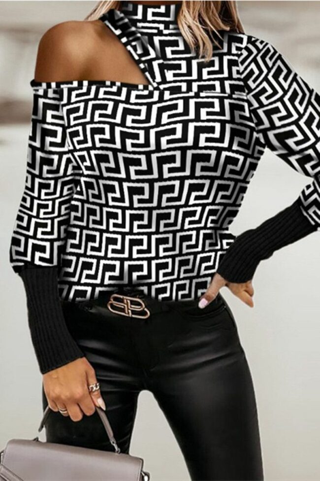 Fashion Casual Print Hollowed Out Turtleneck Tops